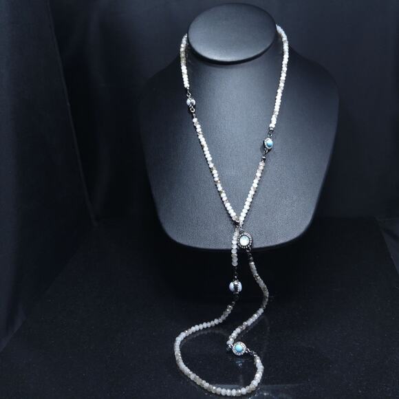 Loft Opaque Crystal Beaded Long Necklace, Faux Turquoise, 34 Inches, Layering - Picture 2 of 8